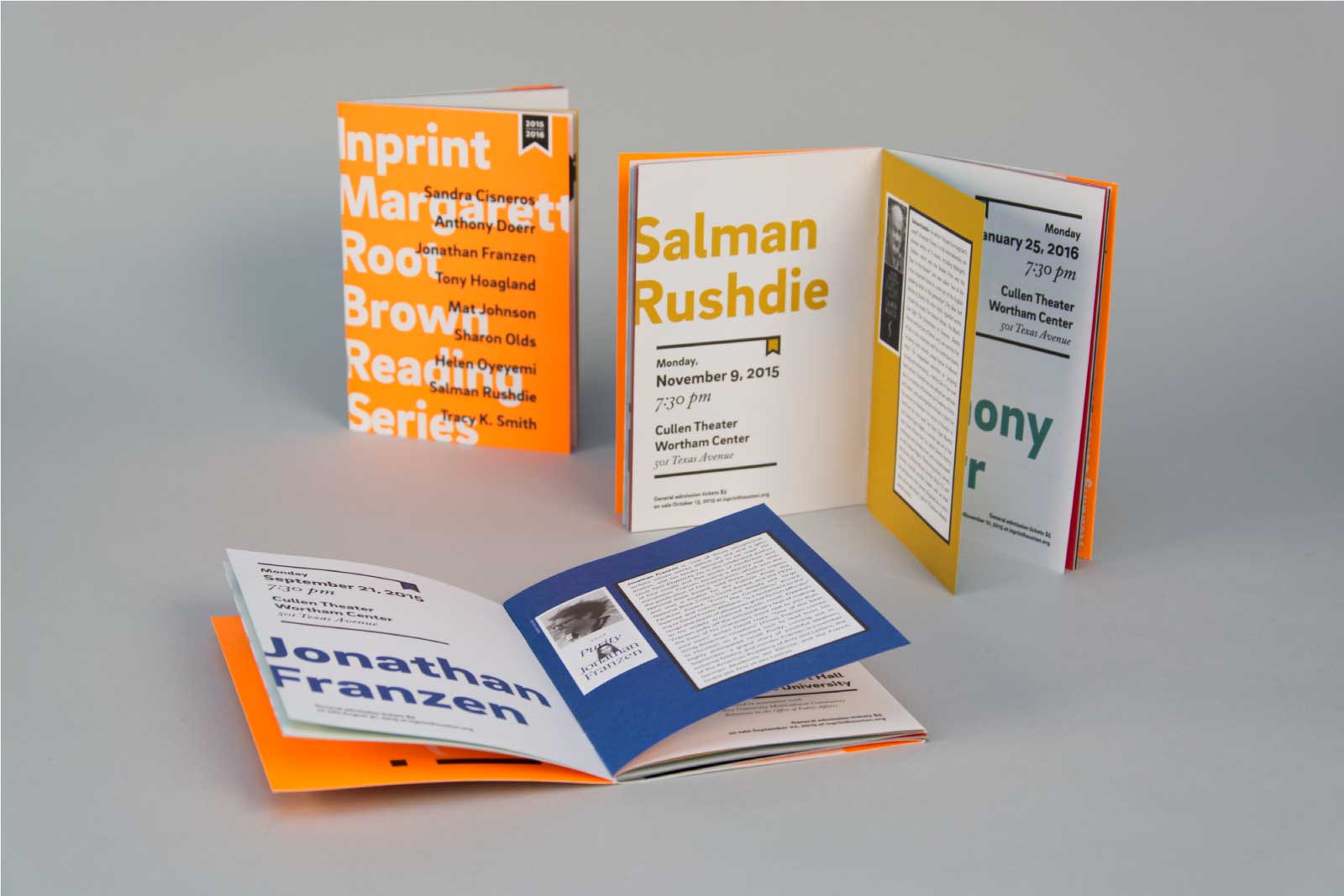 Inprint Margarett Root Brown Reading Series 15-16 brochure cover and spread detail